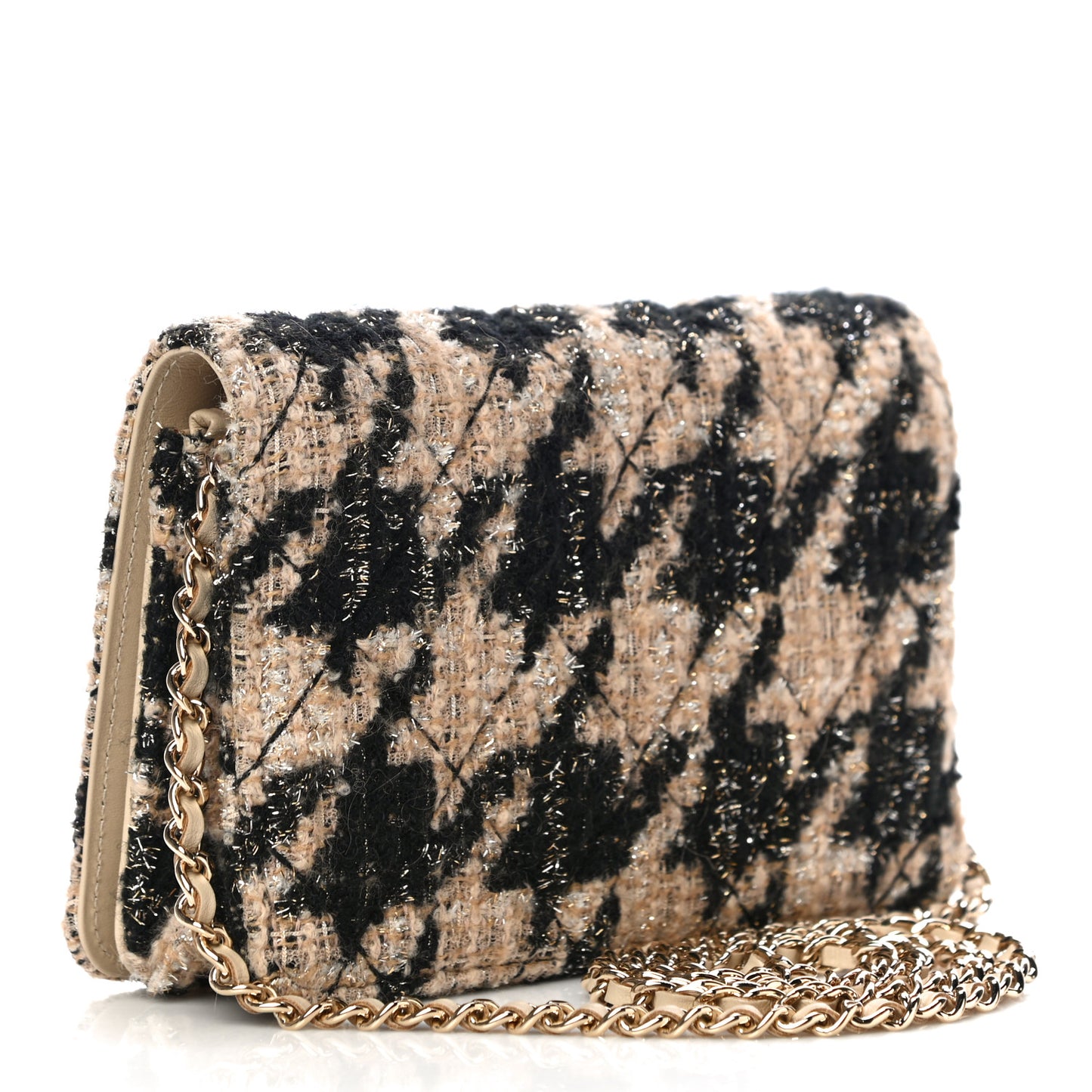 Tweed Shearling Quilted Chanel Wallet On Chain WOC and Coin Purse Beige Black