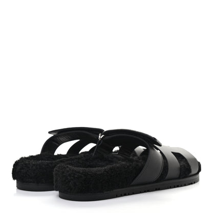 Hermes Calfskin Woolskin Womens Chypre Sandals 39 Black 4 of 8