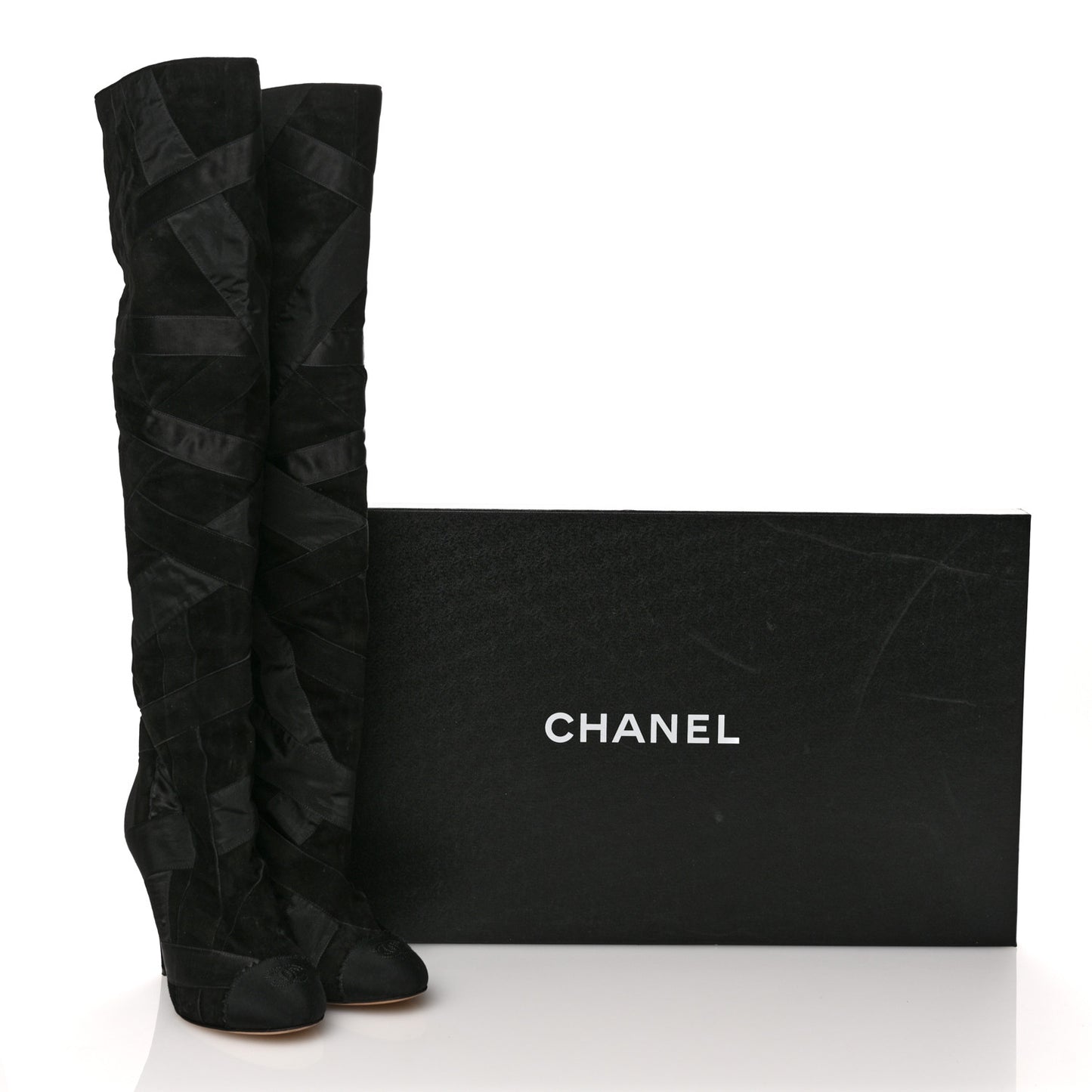 Suede Grosgrain Patchwork Over The Knee Boots 38.5 Black
