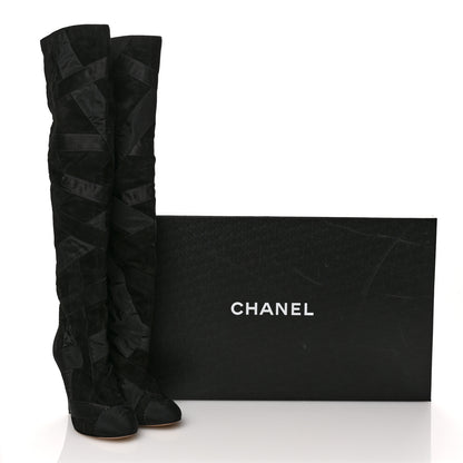 Chanel Suede Grosgrain Patchwork Over The Knee Boots 38.5 Black 10 of 10
