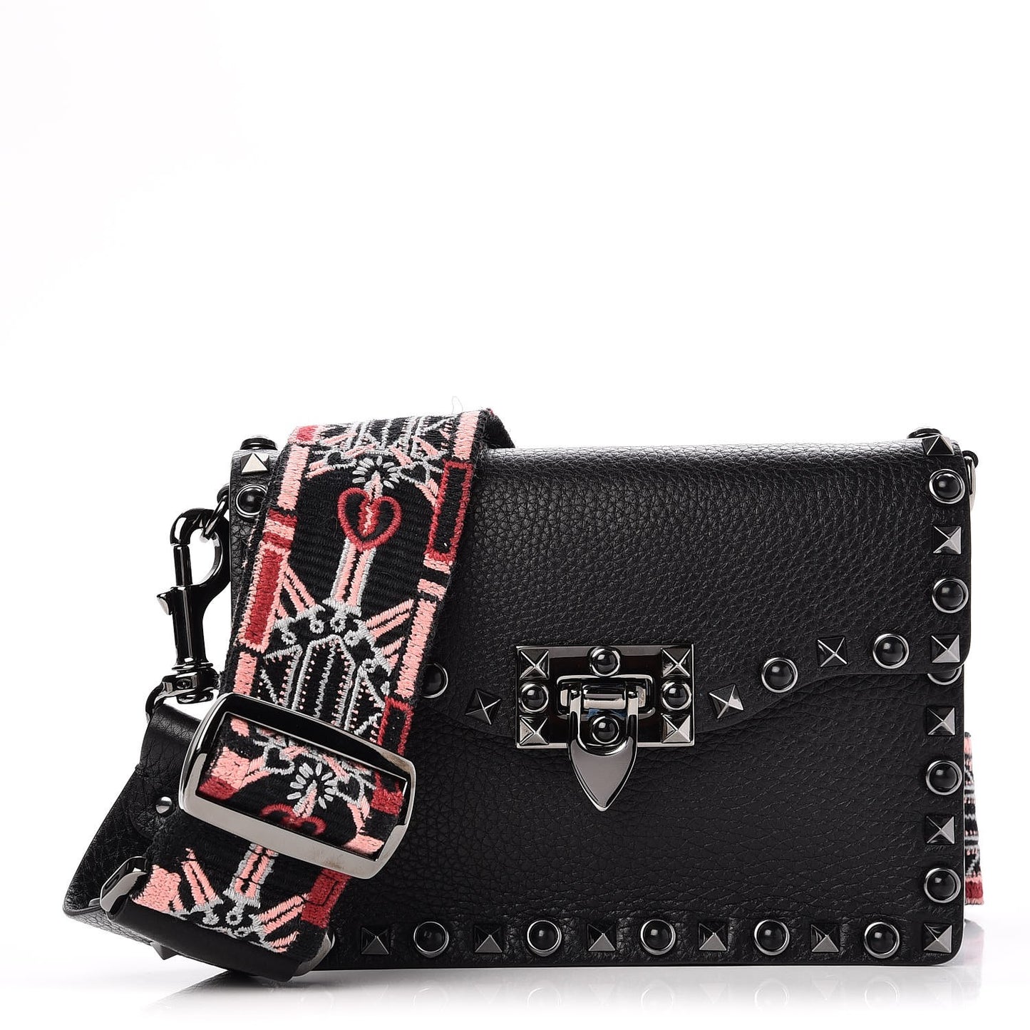 Calfskin Small Guitar Strap Rockstud Rolling Shoulder Flap Bag Black