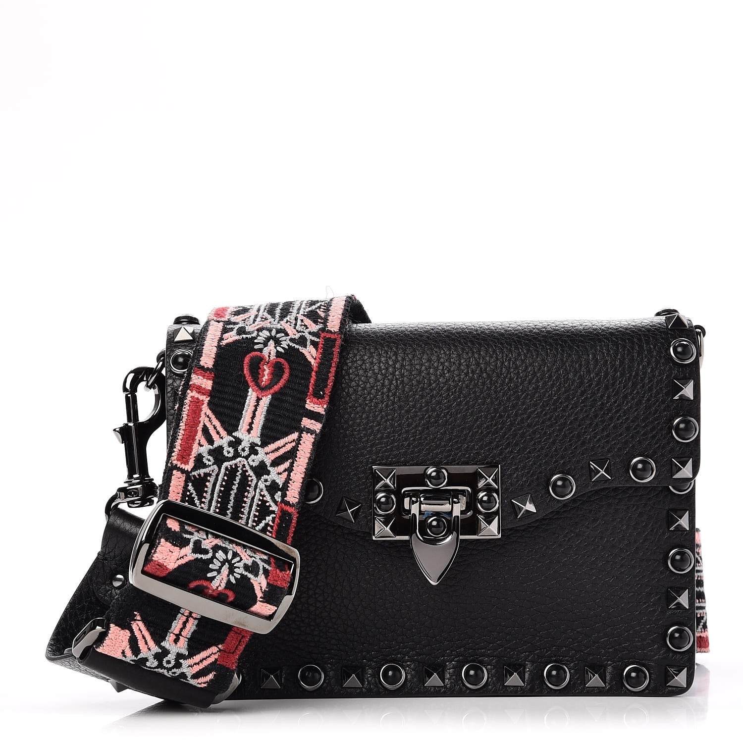 Valentino Garavani Calfskin Small Guitar Strap Rockstud Rolling Shoulder Flap Bag Black 1 of 6