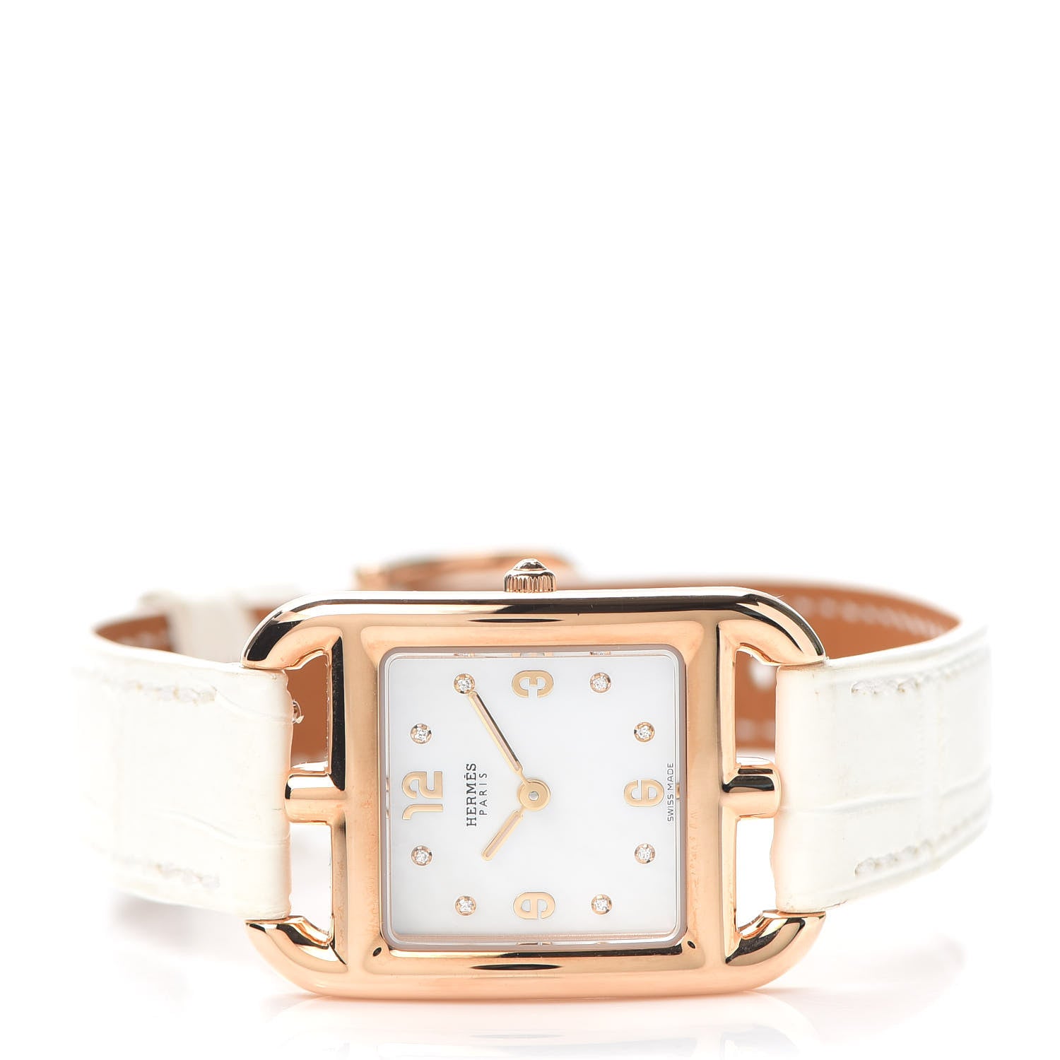 Hermes 18K Rose Gold Alligator Diamond Mother of Pearl 23mm Cape Cod Quartz Watch Blanc 2 of 5