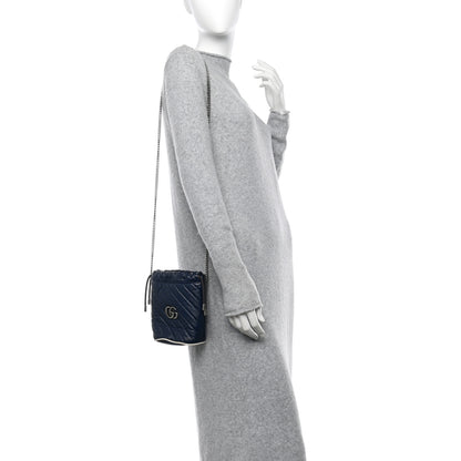 Gucci Vintage Effect Calfskin Matelasse Diagonal Mini Torchon GG Marmont 2.0 Bucket Bag Blue Agata Mystic White 2 of 11