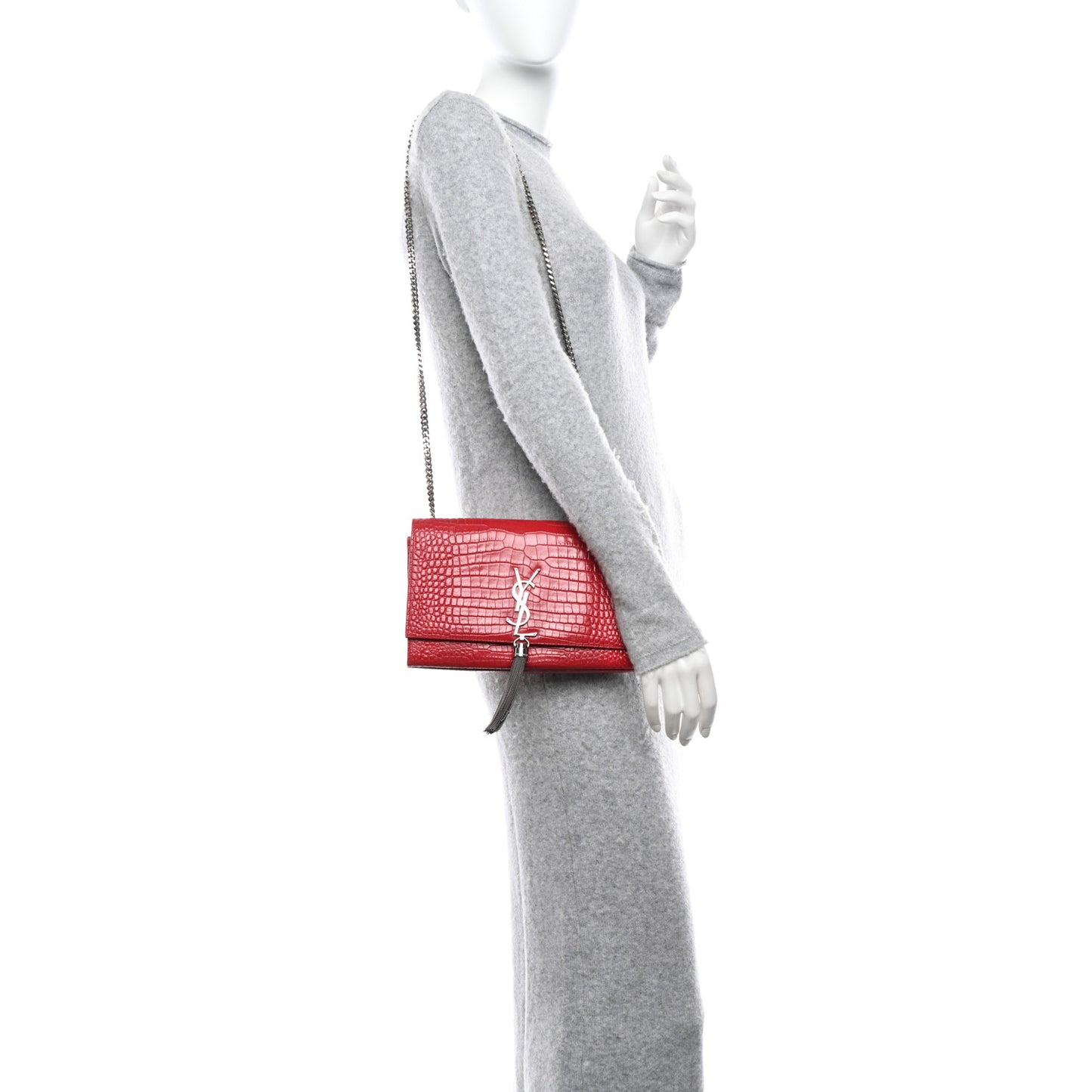 Calfskin Crocodile Embossed Medium Classic Monogram Kate Tassel Satchel New Red