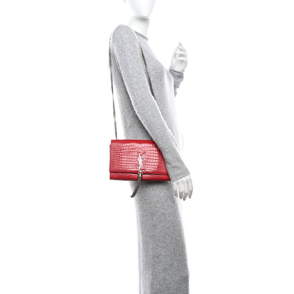 Saint Laurent Calfskin Crocodile Embossed Medium Classic Monogram Kate Tassel Satchel New Red 2 of 11