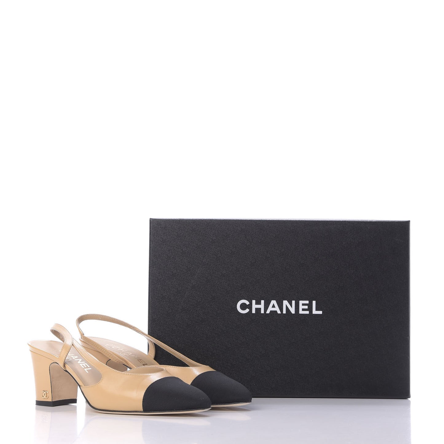 Goatskin Grosgrain Cap Toe CC Slingback Sandals 38 Beige Black