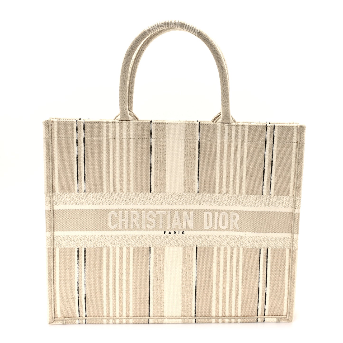 Canvas Embroidered Large Stripes Book Tote Beige