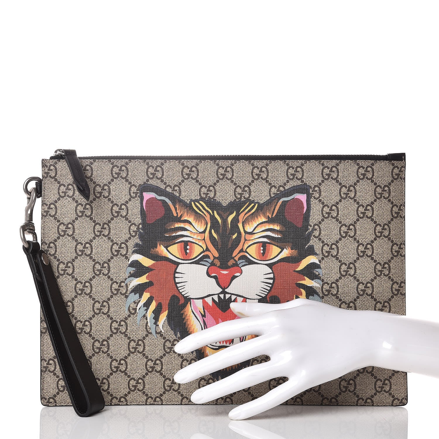 Gucci GG Supreme Monogram Angry Cat Large Zip Wristlet Pouch Beige Brown 2 of 8