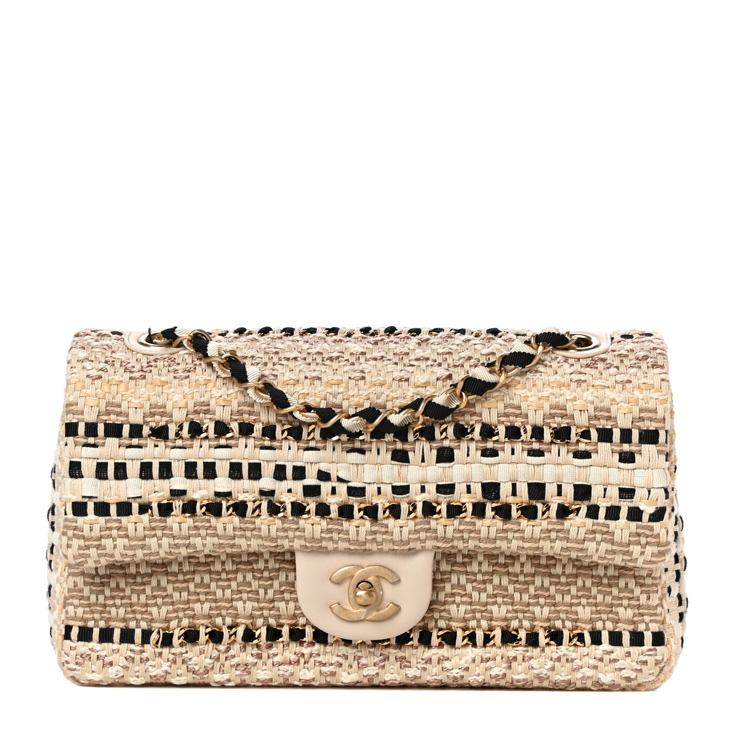 Chanel Cotton Raffia Lambskin Woven Medium Single Flap Beige Beige Black 1 of 10