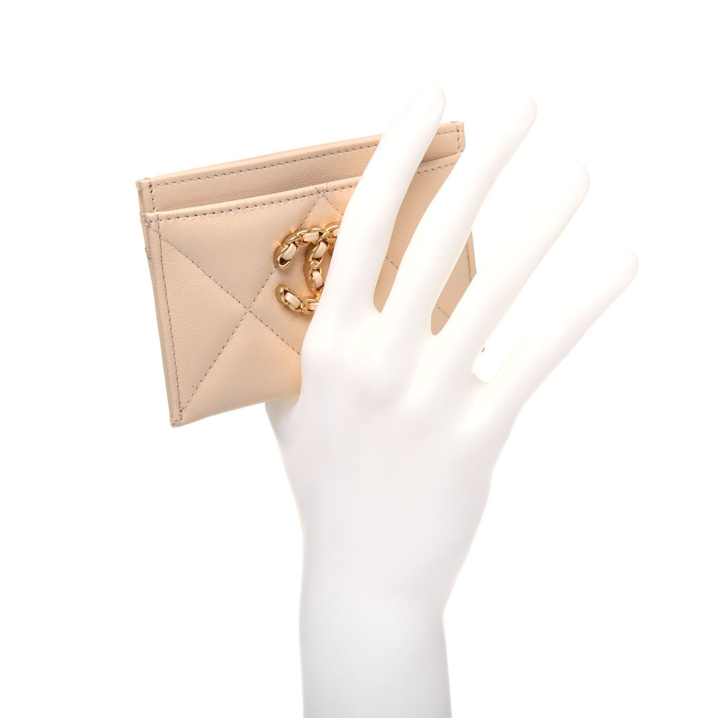 Shiny Goatskin Quilted Chanel 19 Card Holder Beige