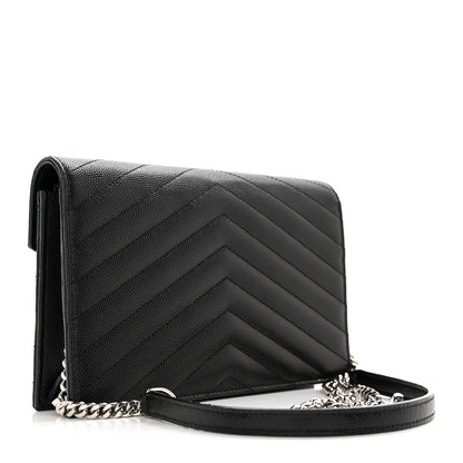 Saint Laurent Grain De Poudre Matelasse Chevron Monogram Envelope Chain Wallet Black 3 of 12