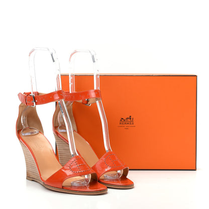 Hermes Patent Calfskin Perforated H Ankle Strap Wedge Sandals 39 Orange 11 of 11