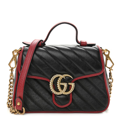 Gucci Vintage Effect Calfskin Matelasse Diagonal Mini Torchon GG Marmont Top Handle Shoulder Bag Black Romantic Cherry 1 of 10