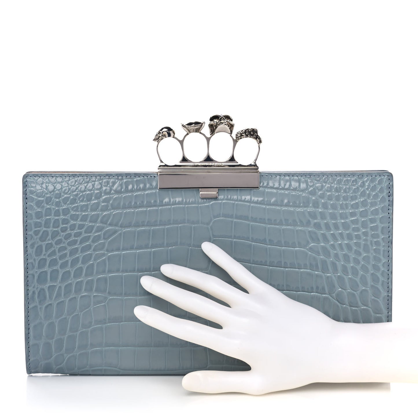 Calfskin Crocodile Embossed Knuckle Flat Clutch Black