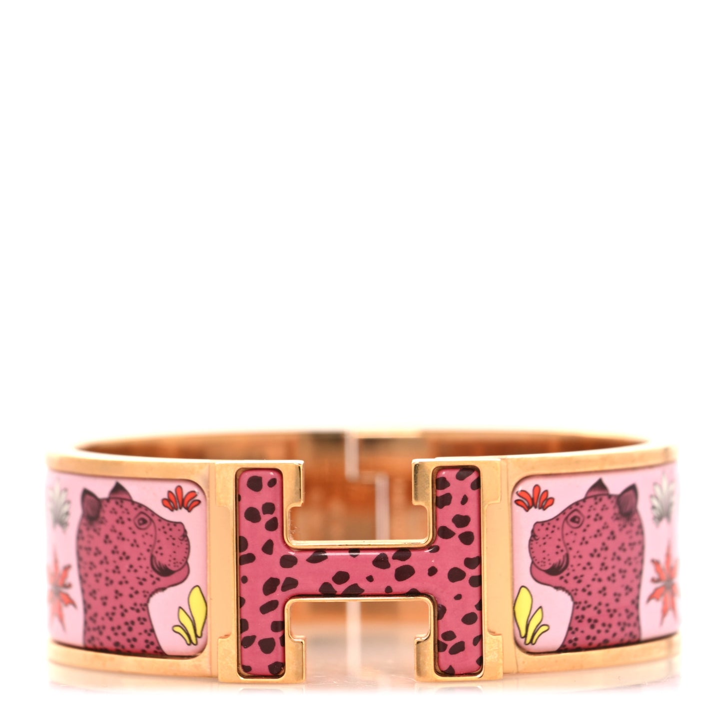 Enamel Printed Wide Les Leopards Clic Clac H Bracelet GM Ultra Pink