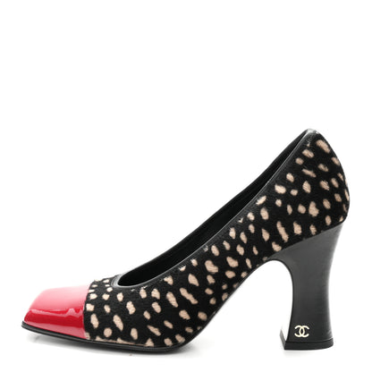 Chanel Pony Hair Lambskin Patent Cap Toe Pumps 38 Black White Dark Red 1 of 9