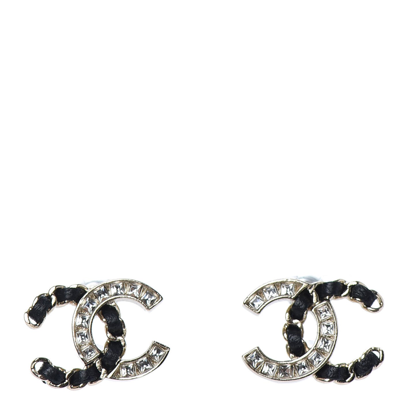 Crystal Baguette Lambskin Chain CC Vintage Allure Stud Earrings Black Gold