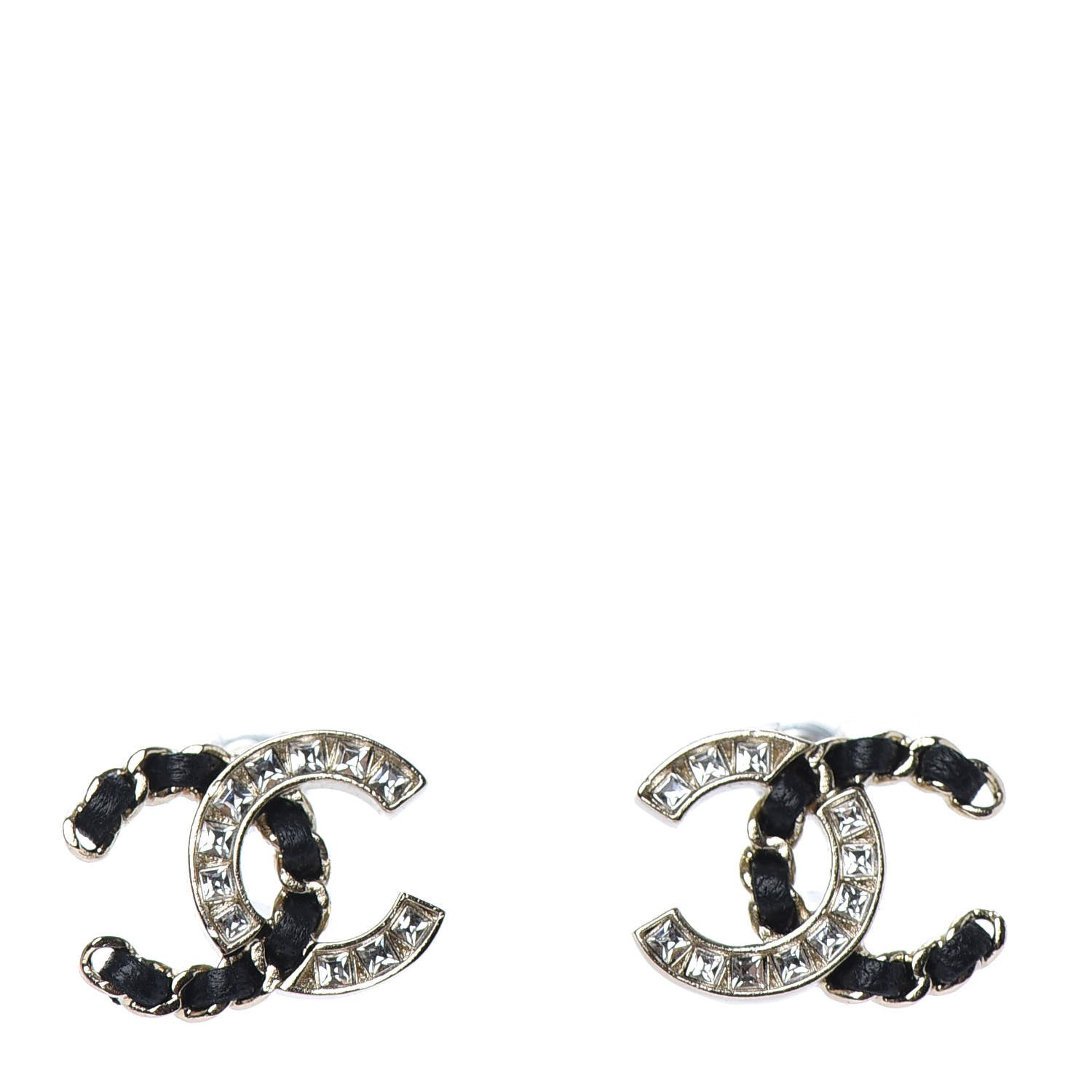 Chanel Crystal Baguette Lambskin Chain CC Vintage Allure Stud Earrings Black Gold 1 of 5