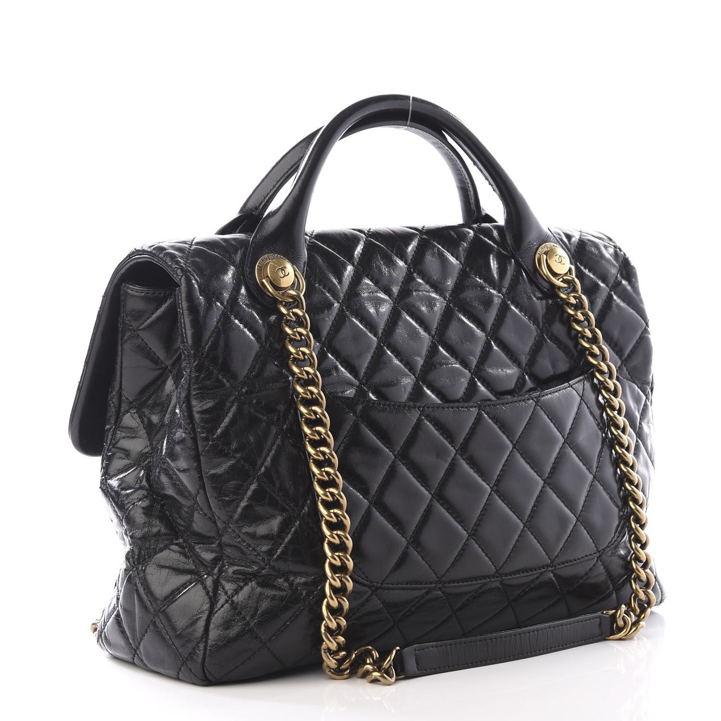 Glazed Calfskin Large Castle Rock Flap Black