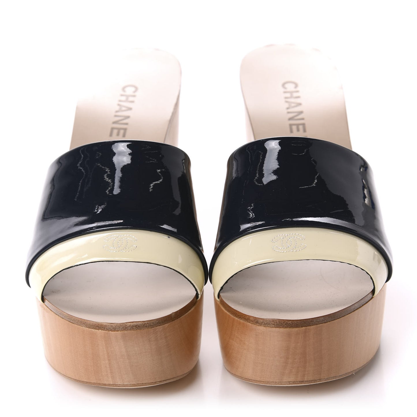 Patent Calfskin Wood CC Mules 39.5 Black Ivory