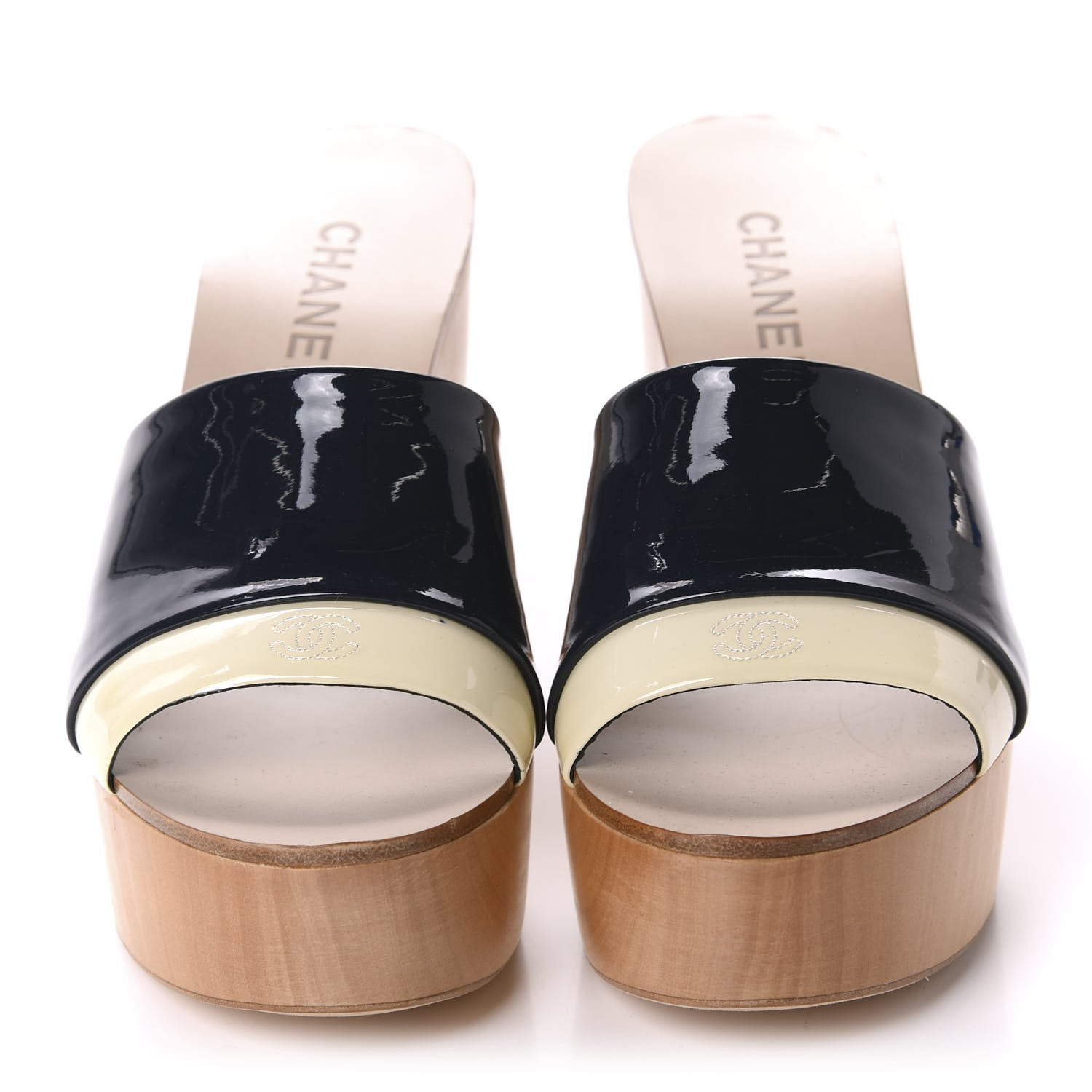 Chanel Patent Calfskin Wood CC Mules 39.5 Black Ivory 2 of 10