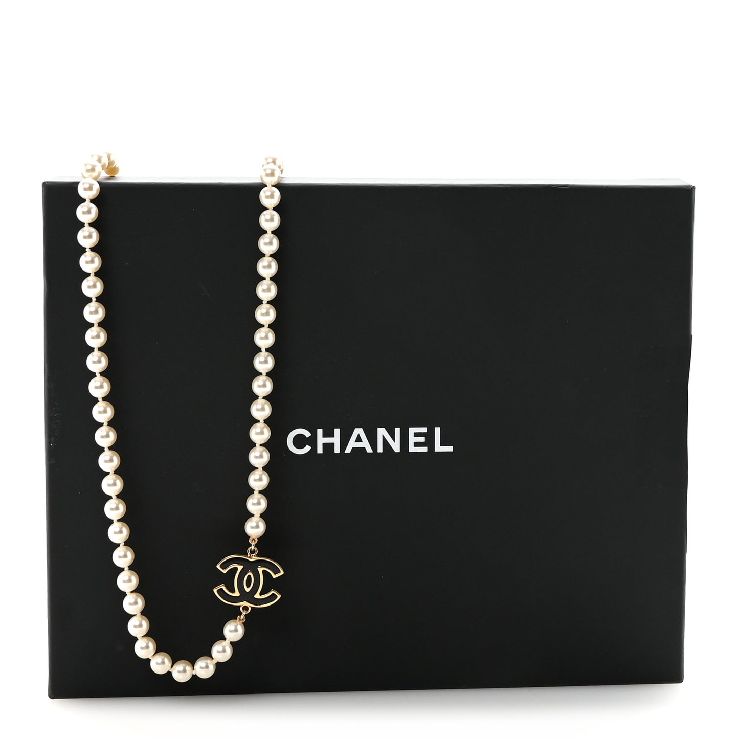 Pearl Beaded Resin CC Long Necklace Black Gold