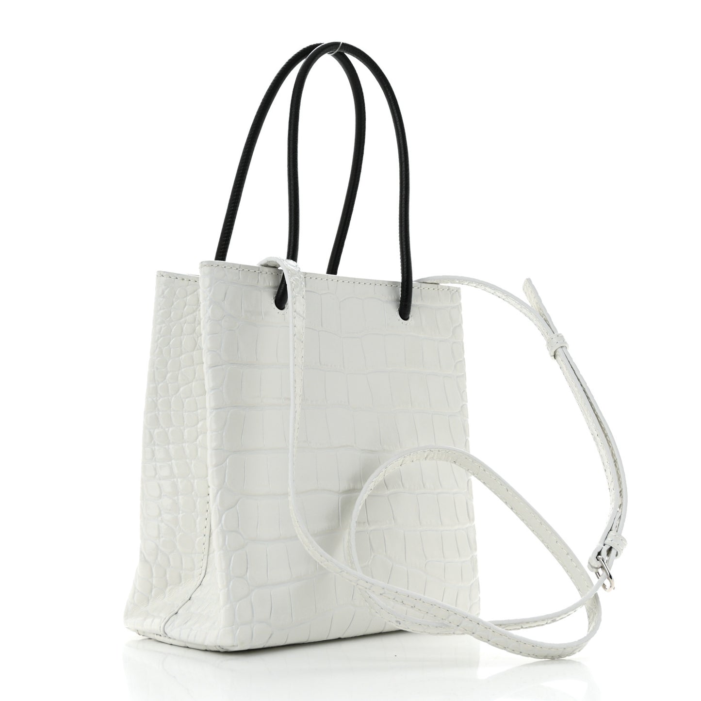 Shiny Calfskin Logo Crocodile Embossed North South Shopper Tote XXS White