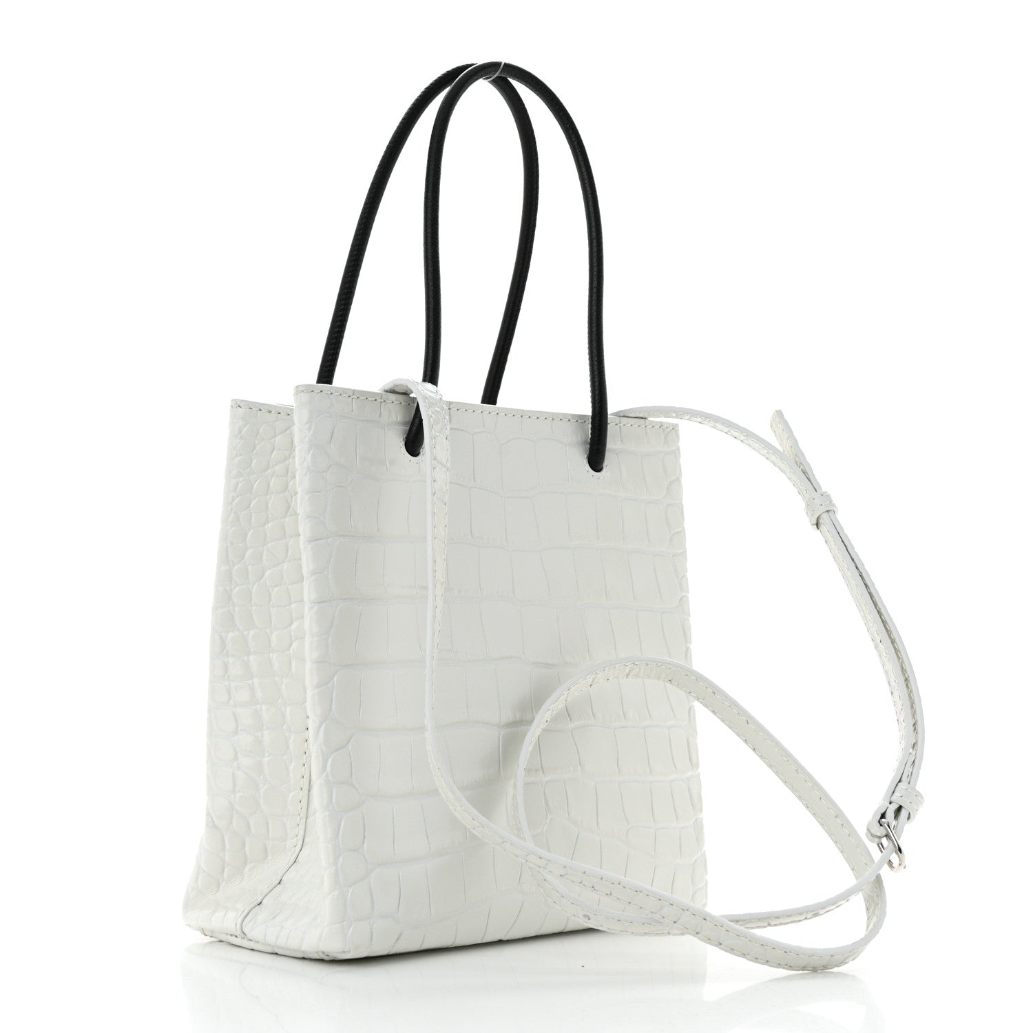 Balenciaga Shiny Calfskin Logo Crocodile Embossed North South Shopper Tote XXS White 2 of 10