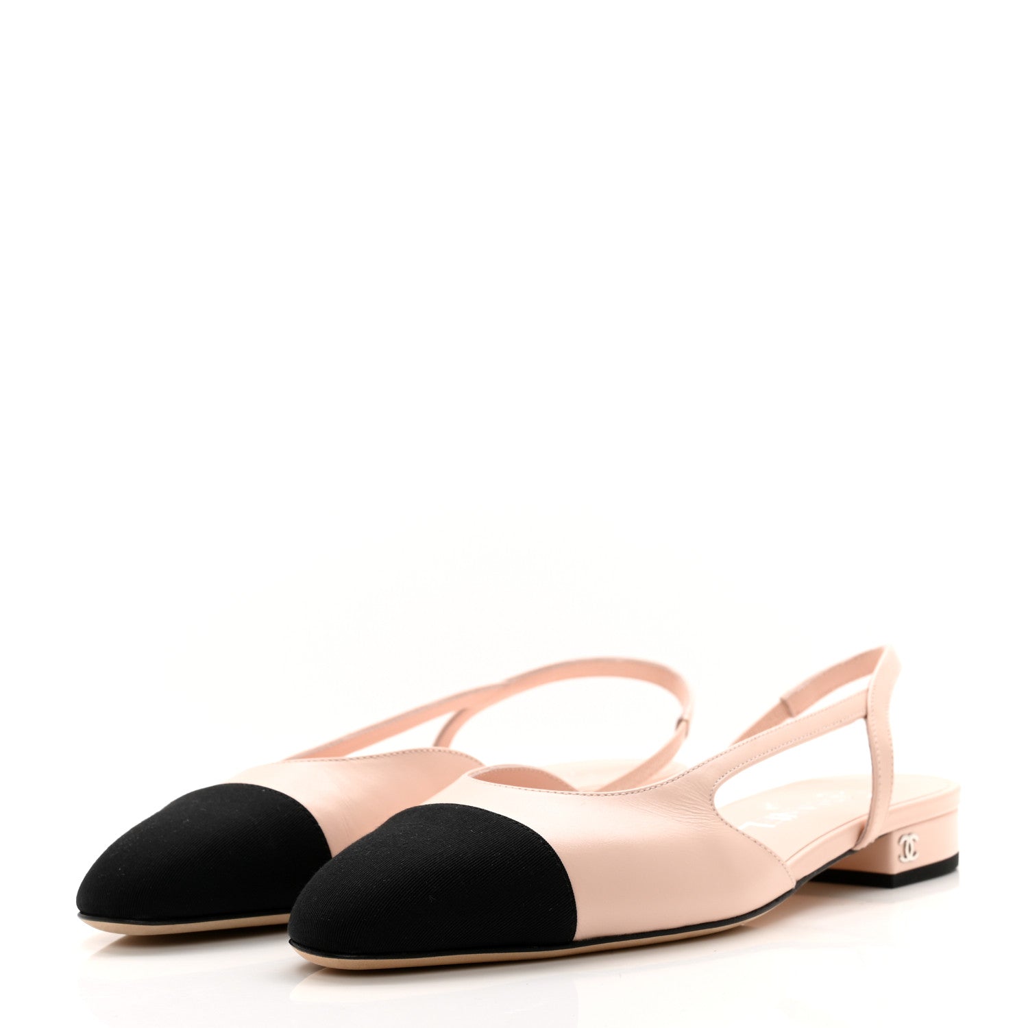 Chanel Calfskin Grosgrain Cap Toe CC Slingback Flats 38 Light Pink Black 3 of 9