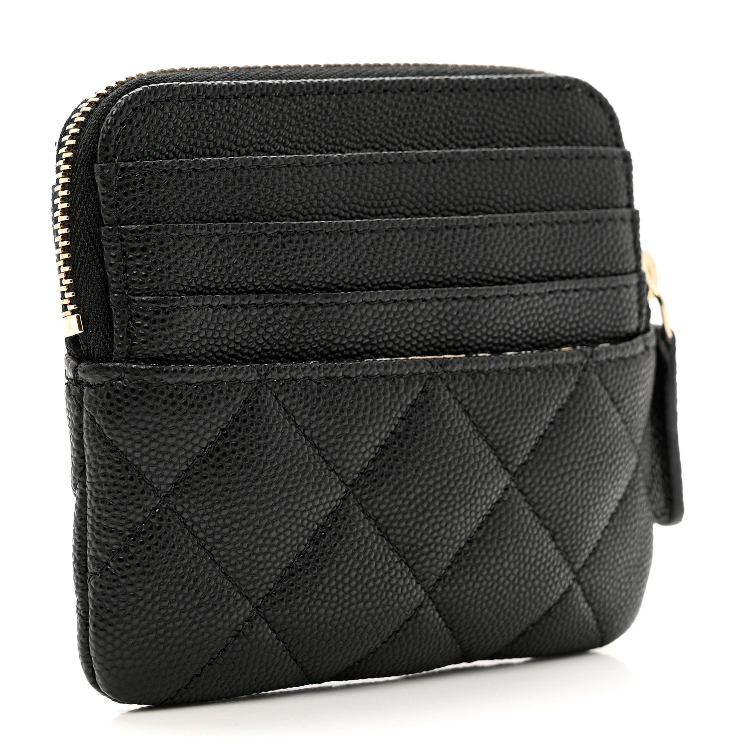 Chanel Caviar Metal Quilted Striated Zip Card Holder Wallet Black 3 of 8