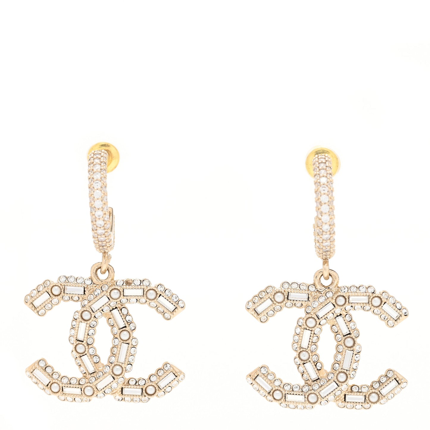 Crystal Baguette Pearl CC Drop Hoop Earrings Gold Pearly White
