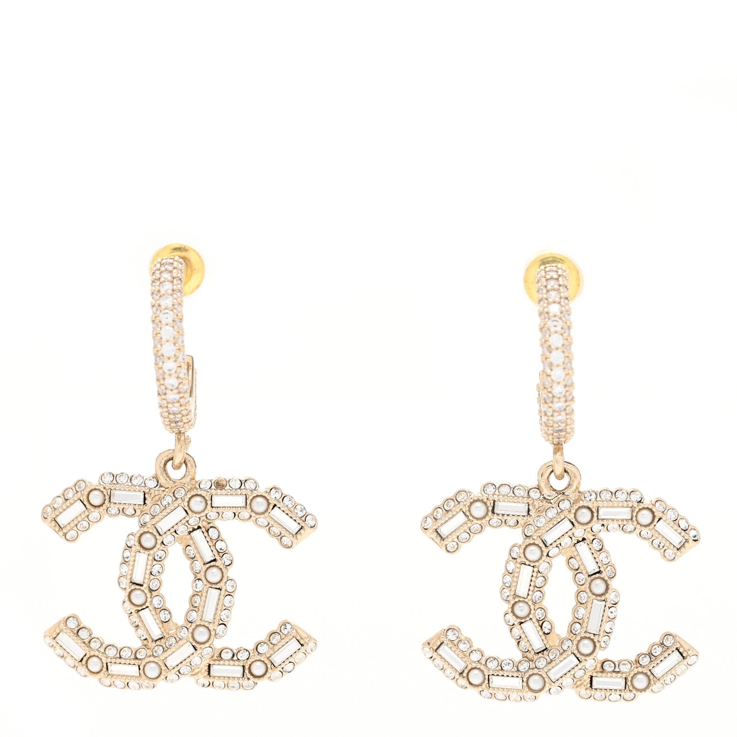 Chanel Crystal Baguette Pearl CC Drop Hoop Earrings Gold Pearly White 1 of 4