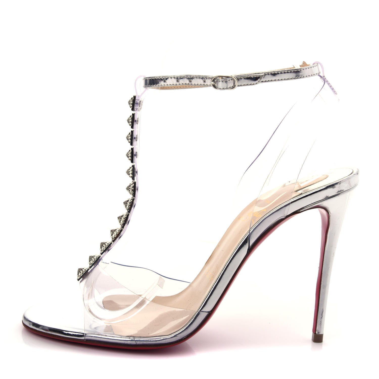 Christian Louboutin PVC Spiked Jamais Assez 100 T-Strap Sandals 37.5 Silver 1 of 9