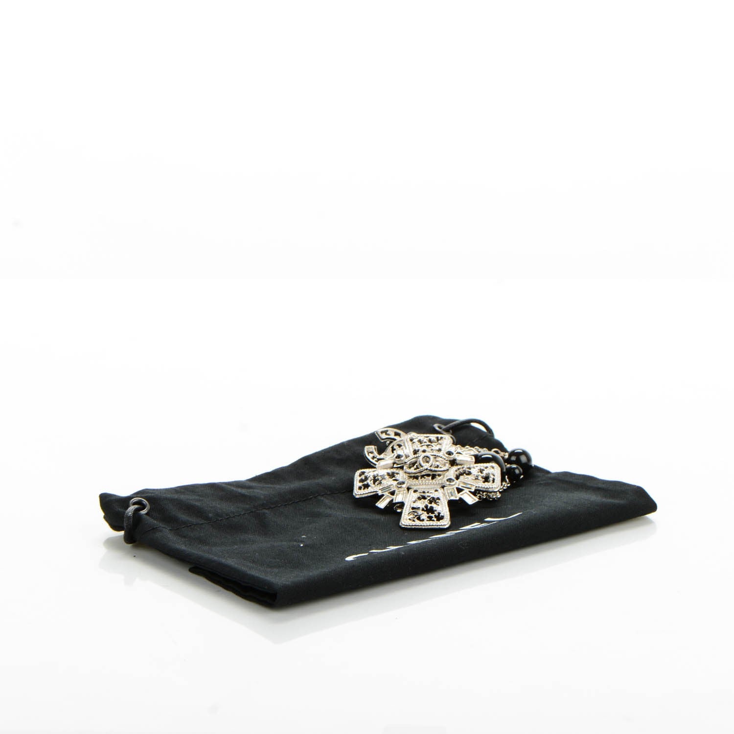 Chanel Bead Crystal CC Cross Pendant Necklace Black Silver 7 of 7