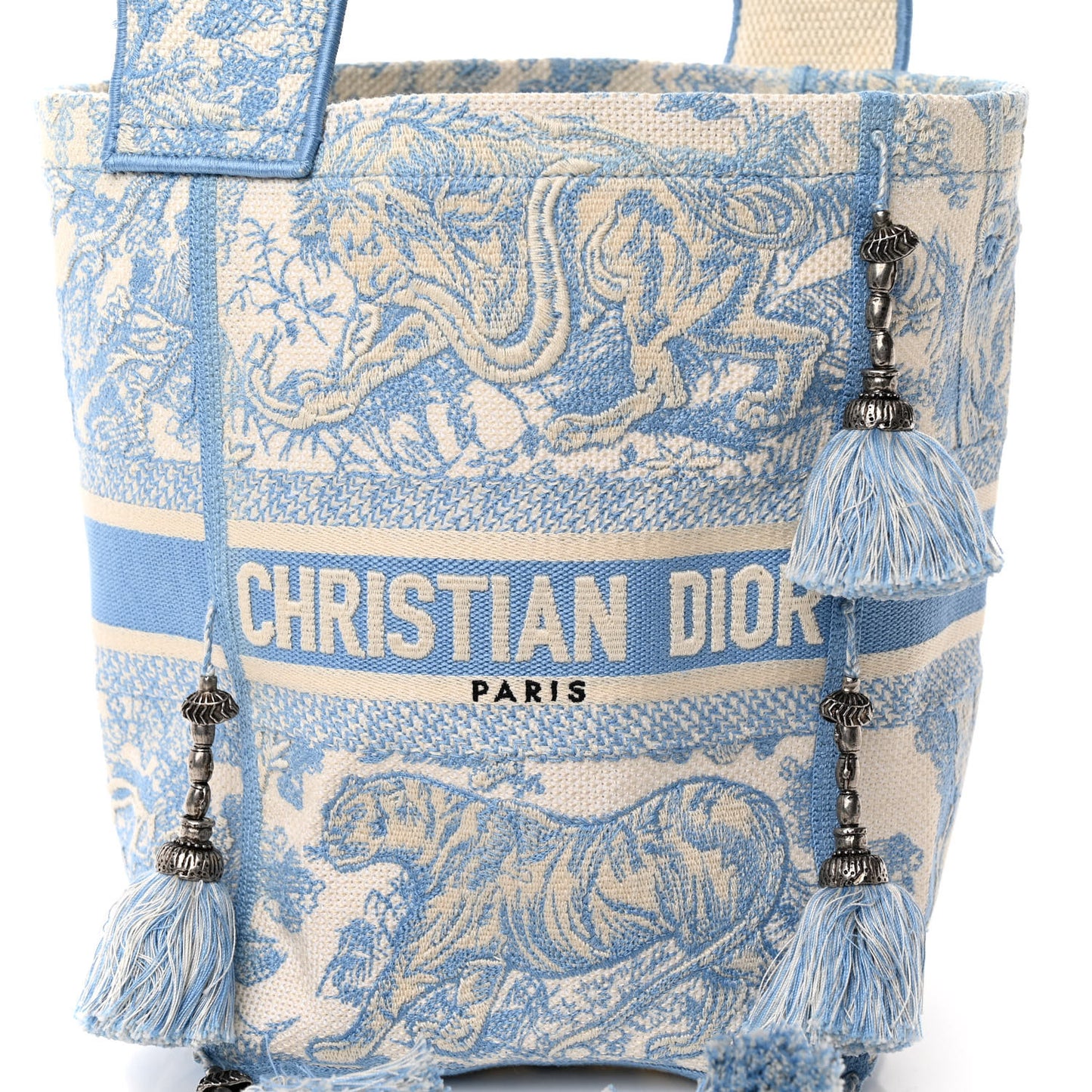 Canvas Reverse Embroidered Toile De Jouy D-Bubble Bucket Bag Blue