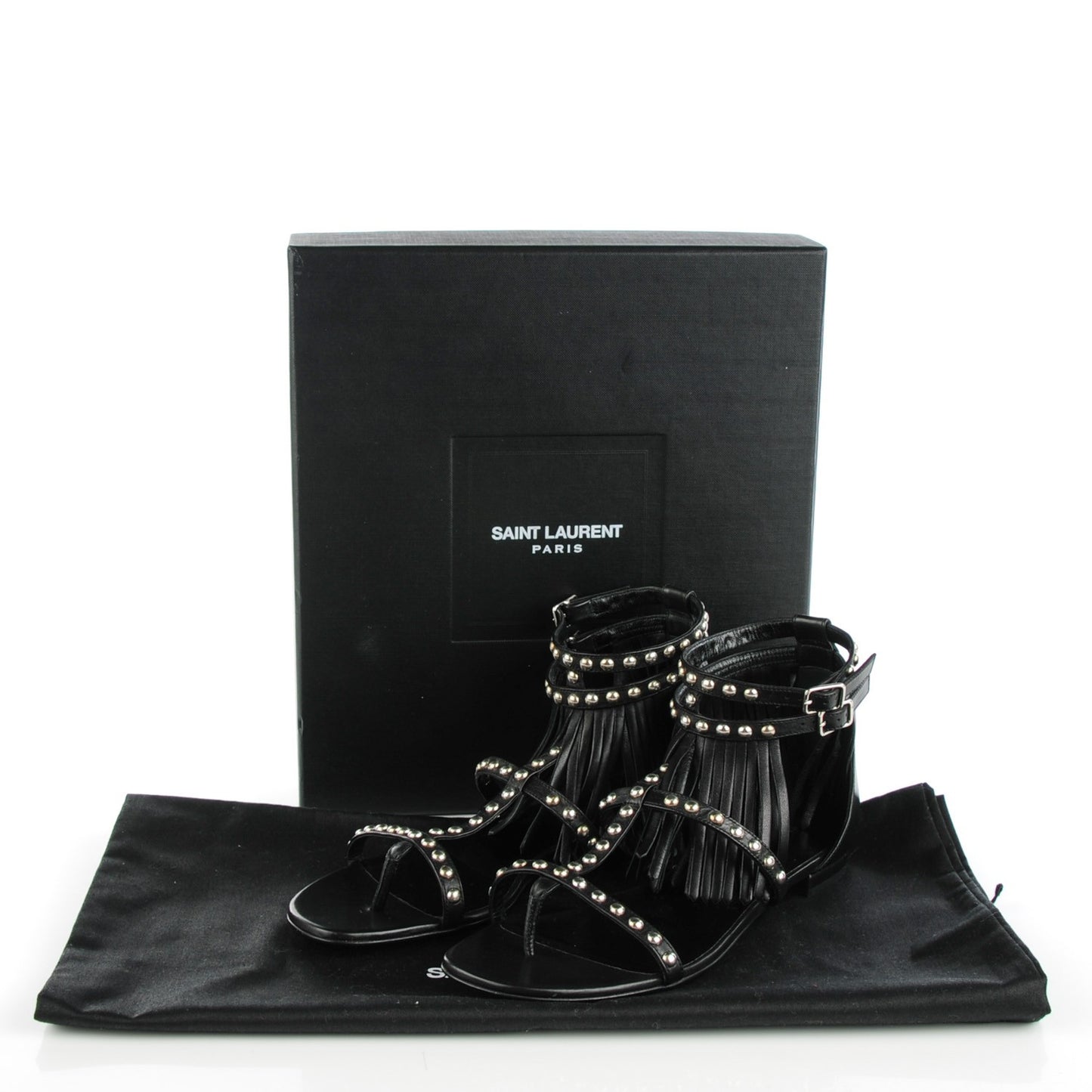 Calfskin Studded Fringe Cyuko Sandals 38 Black