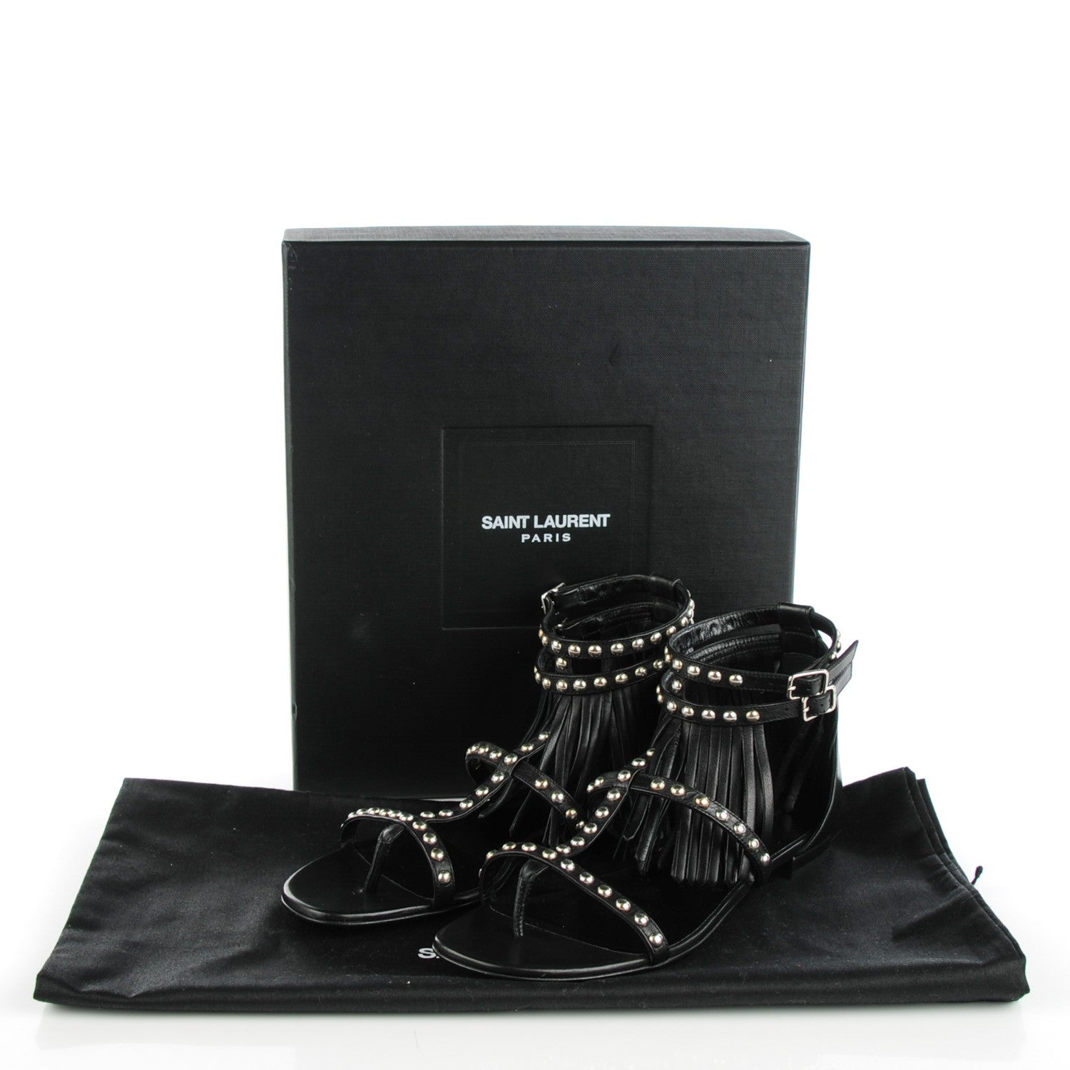 Saint Laurent Calfskin Studded Fringe Cyuko Sandals 38 Black 5 of 8