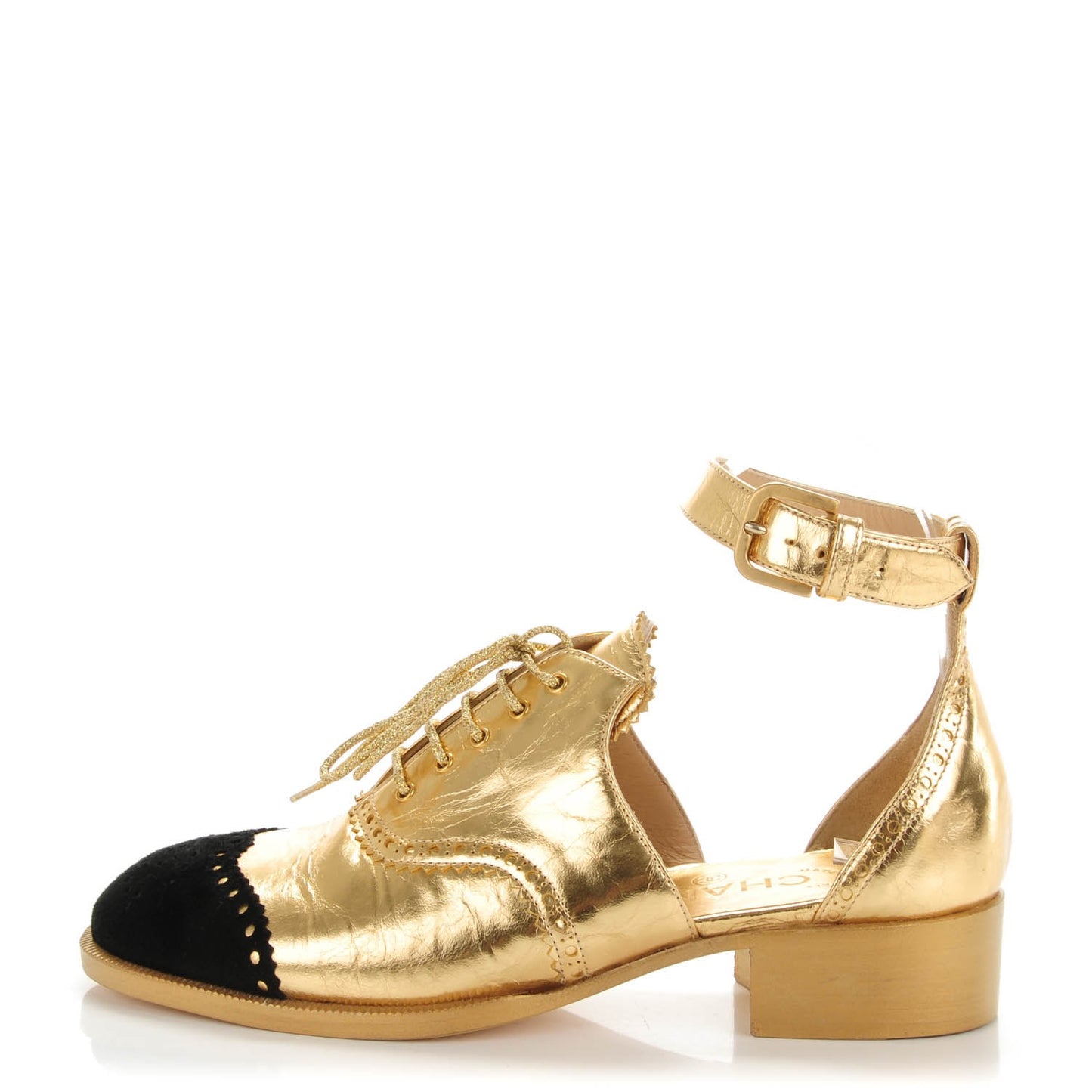 Metallic Calfskin Suede CC Brogue Lace Up Ankle Strap Oxford Sandals 36 Gold Black
