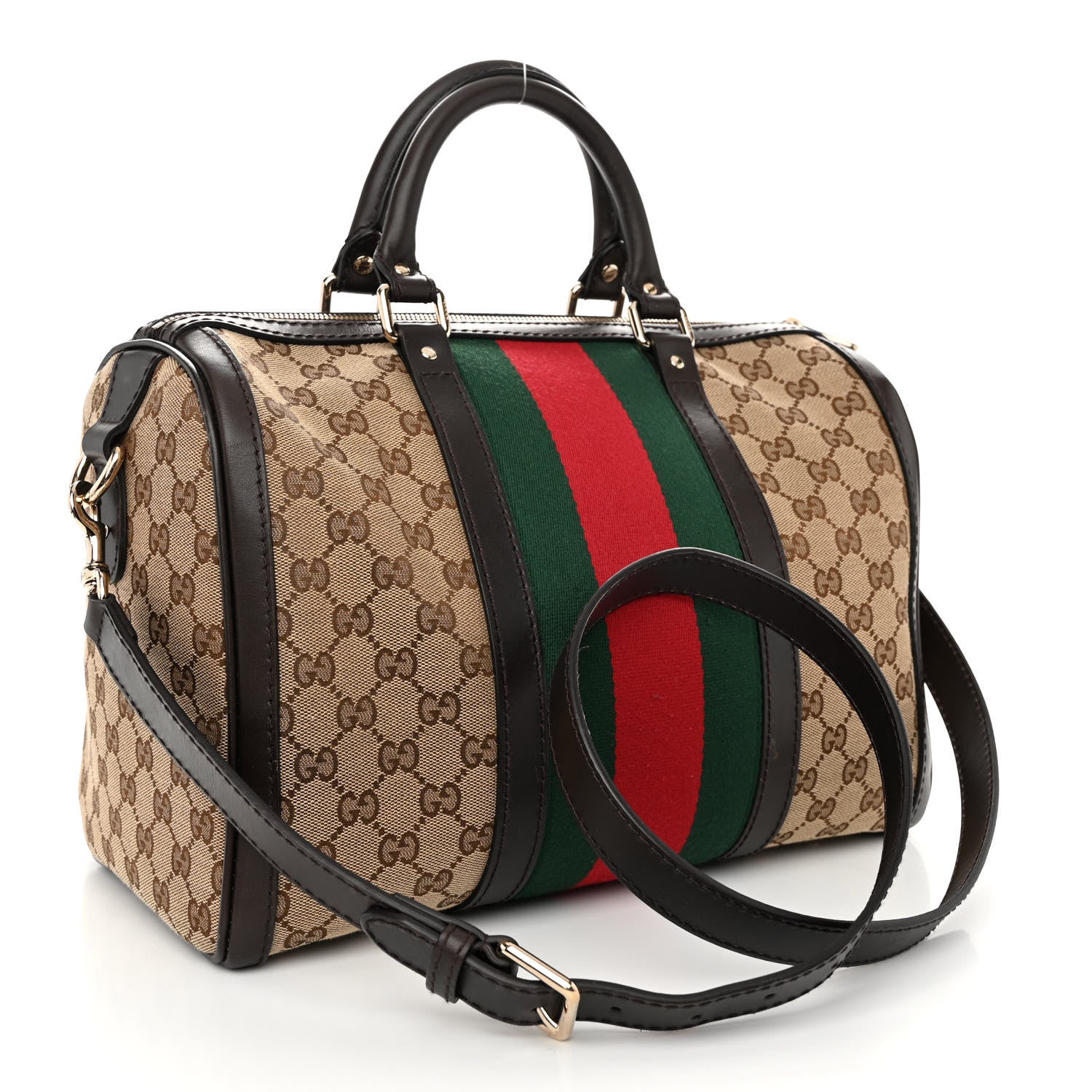 Gucci Monogram Selleria Calfskin Vintage Web Medium Boston Beige Ebony Cocoa 3 of 10
