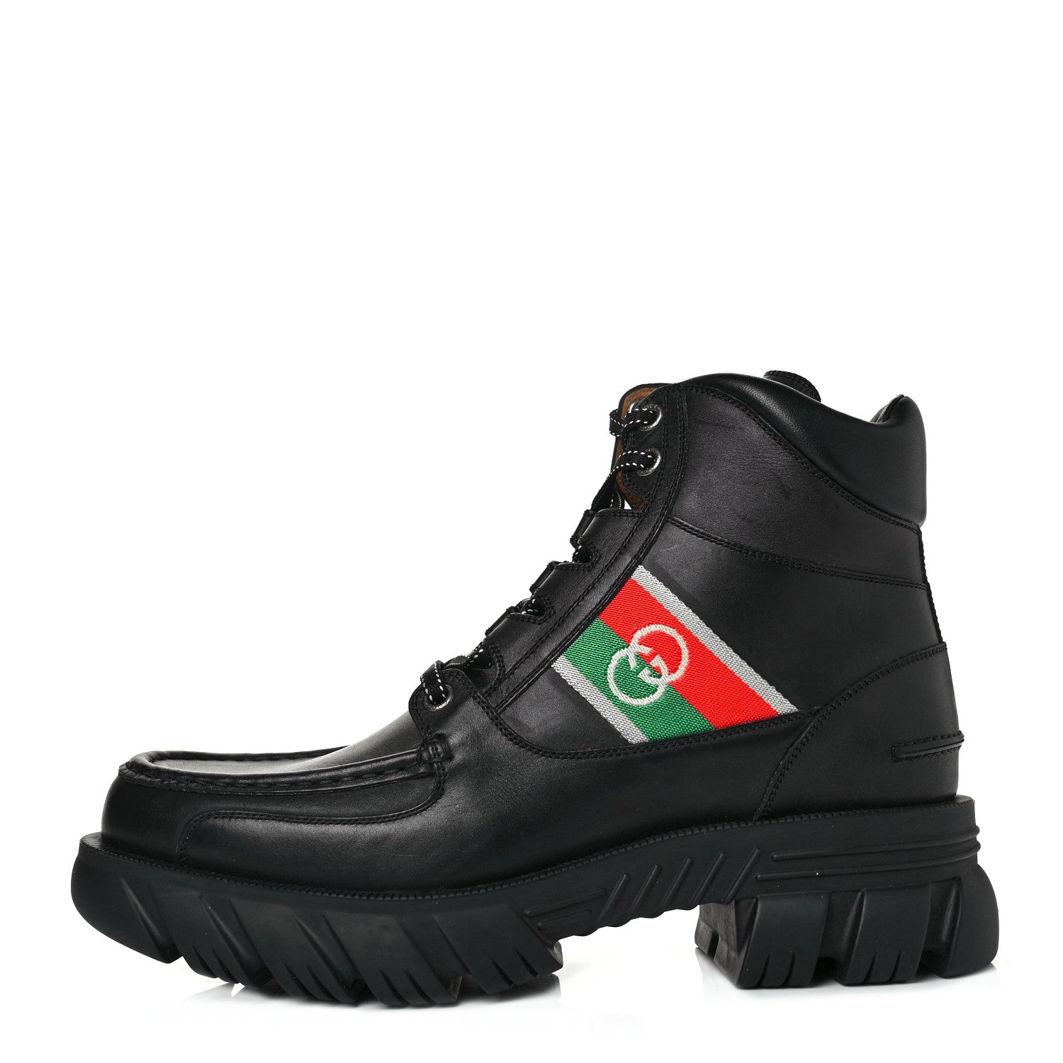 Gucci Quebec Calfskin Web Mens Interlocking G Lace Up Combat Boots 10 Black Mystic White Green Red 1 of 8