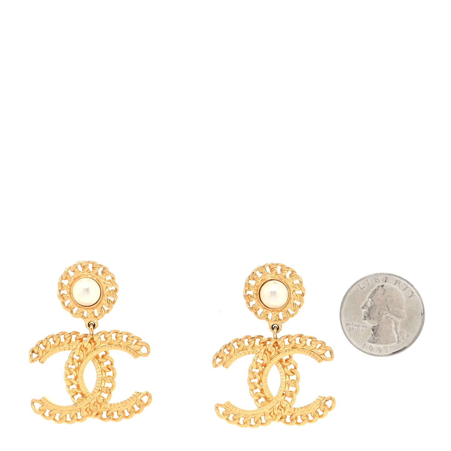 Metal Pearl CC Chain Drop Earrings Gold