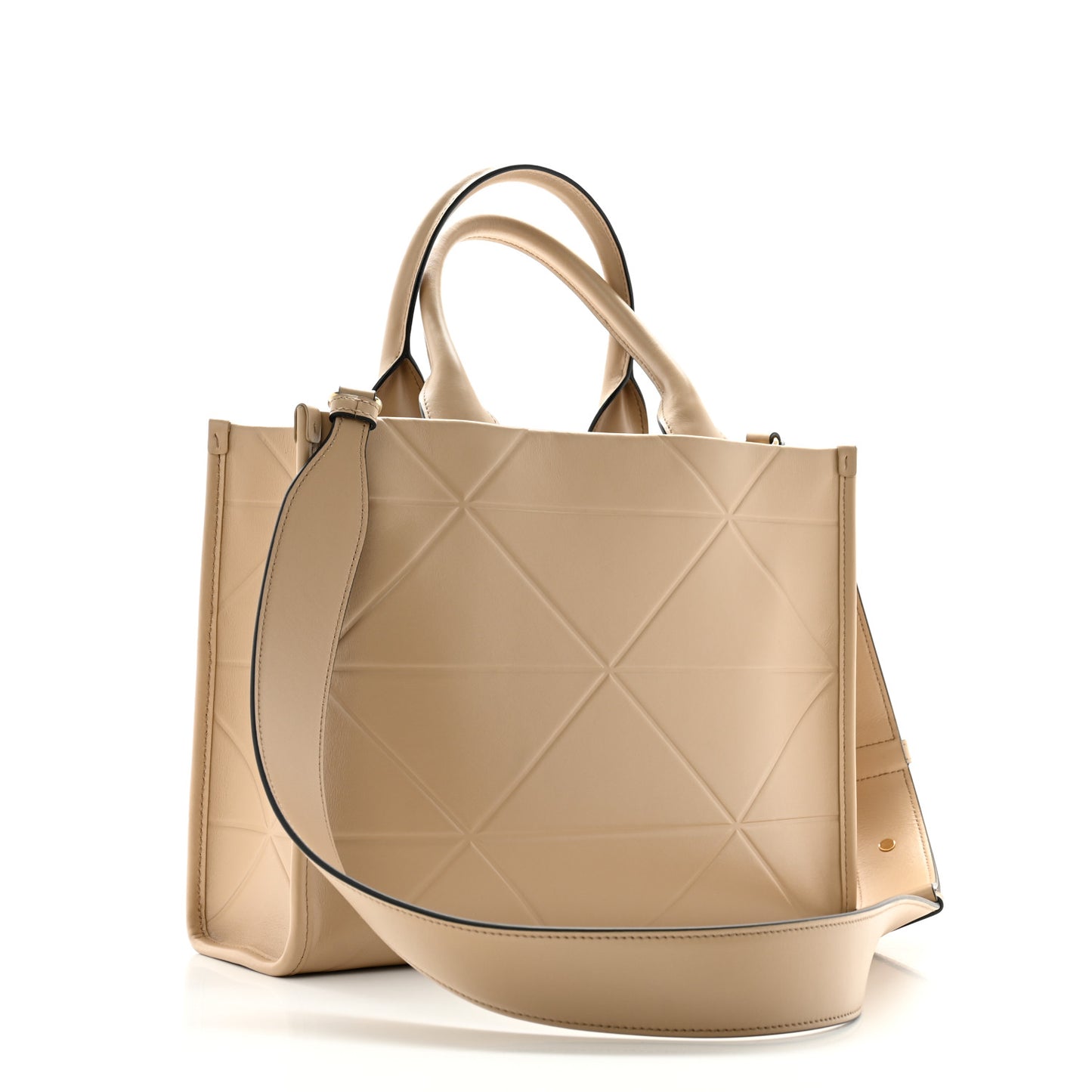 Soft Calfskin Triangolo Symbole Embossed Small Tote Beige Khaki