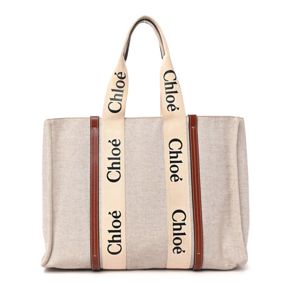 Chloe Cotton Calfskin Large Woody Ribbon Tote White Brown 1 of 9