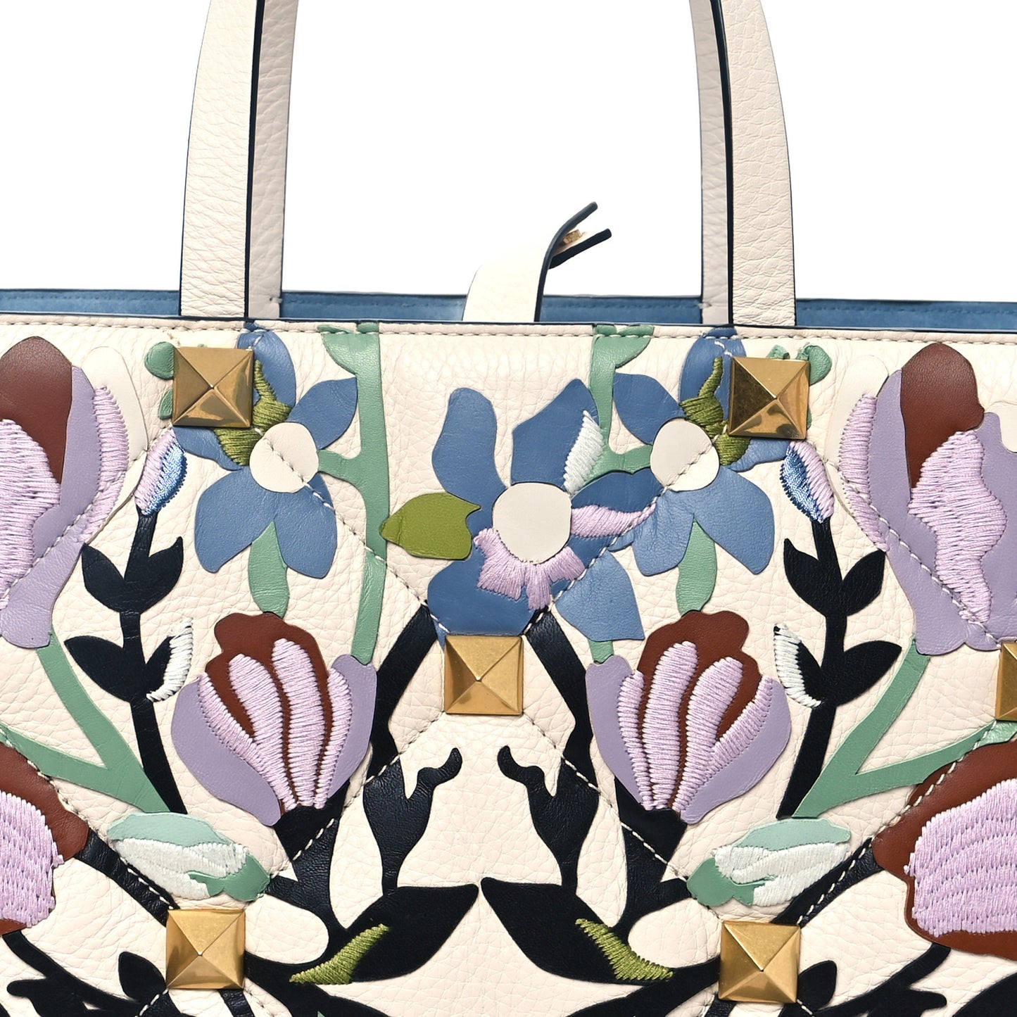 Grained Calfskin Embroidered Large Roman Stud Tote Multicolor