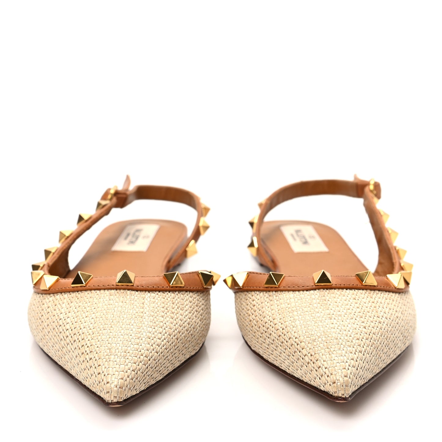 Raffia Calfskin Rockstud Slingback Flats 37 Naturale