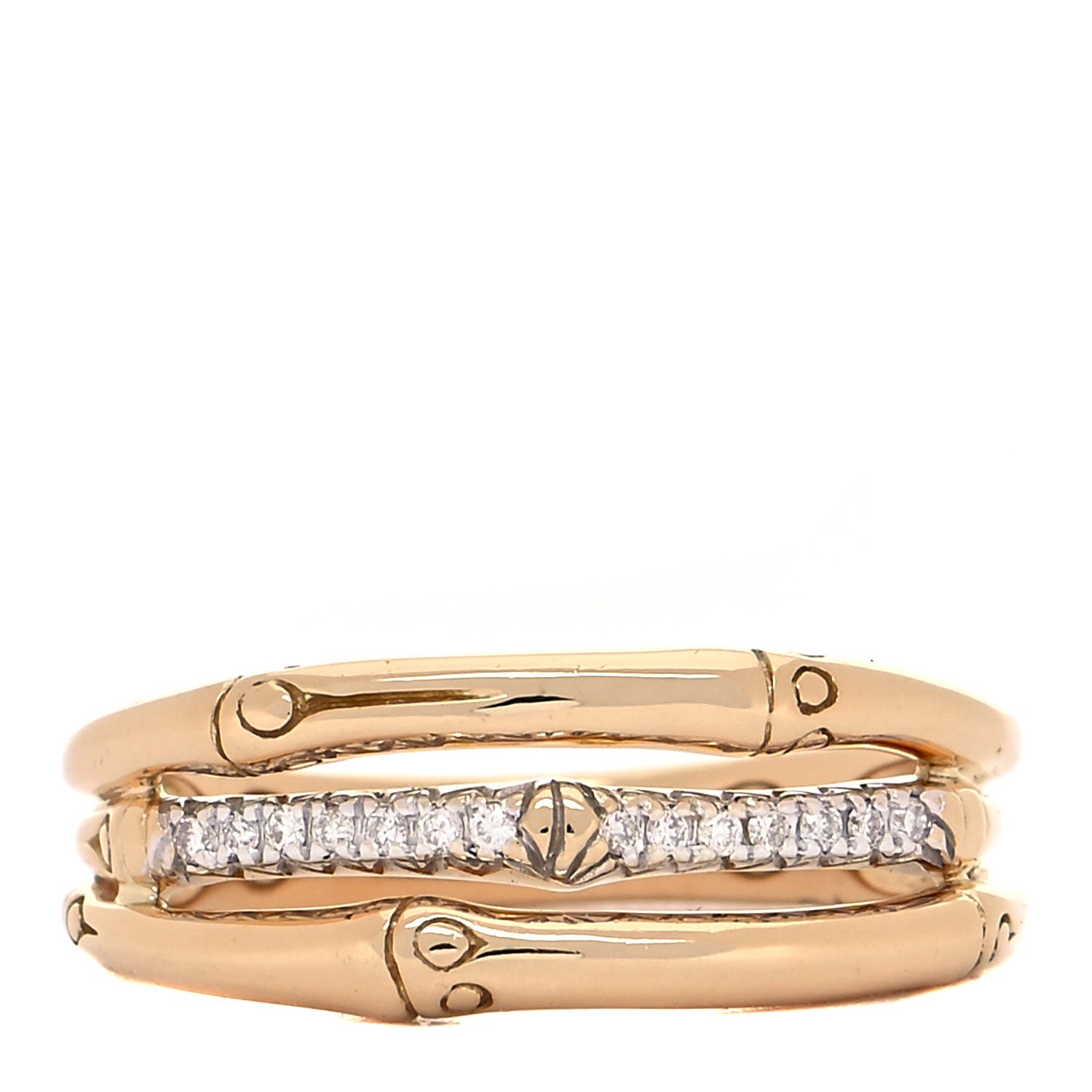 John Hardy 18K Yellow Gold Diamond 3 Row Bamboo Band Ring 54 7 1 of 5