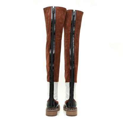 Chanel Suede Patent Calfskin Over The Knee Boots 39.5 Brown White Black 4 of 22