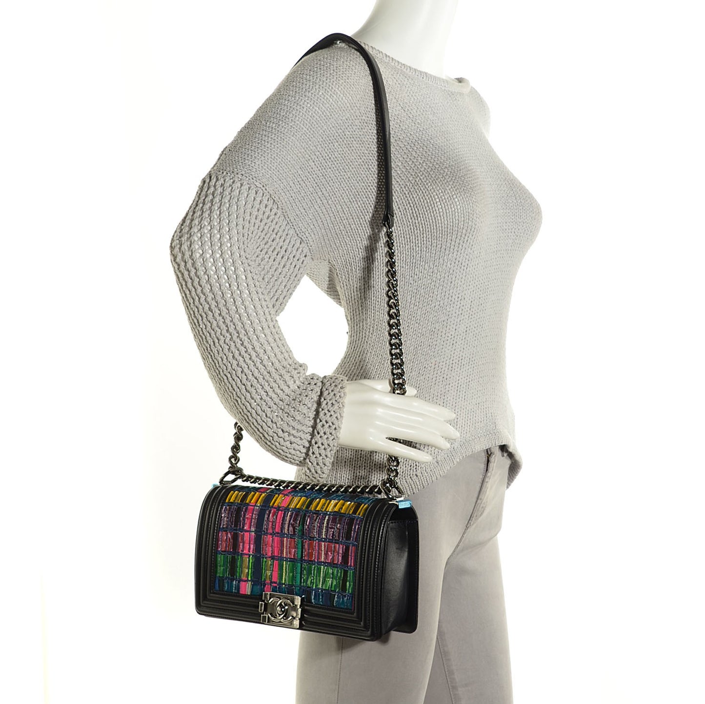 Tweed Lambskin Woven Medium Boy Flap Navy Blue