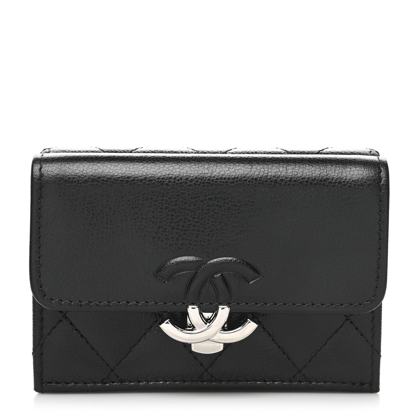 Grained Calfskin Quilted CC Box Compact Flap Wallet Black